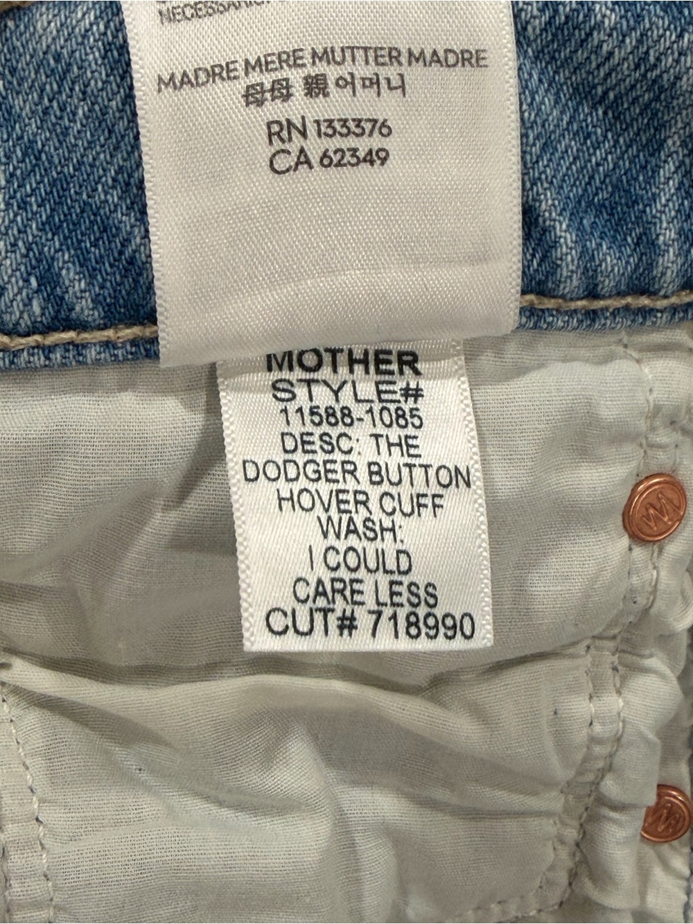 MOTHER The Dodger Button Hover Cuff Jeans - I Could Care Less - Sz - 29 - Picture 5 of 9